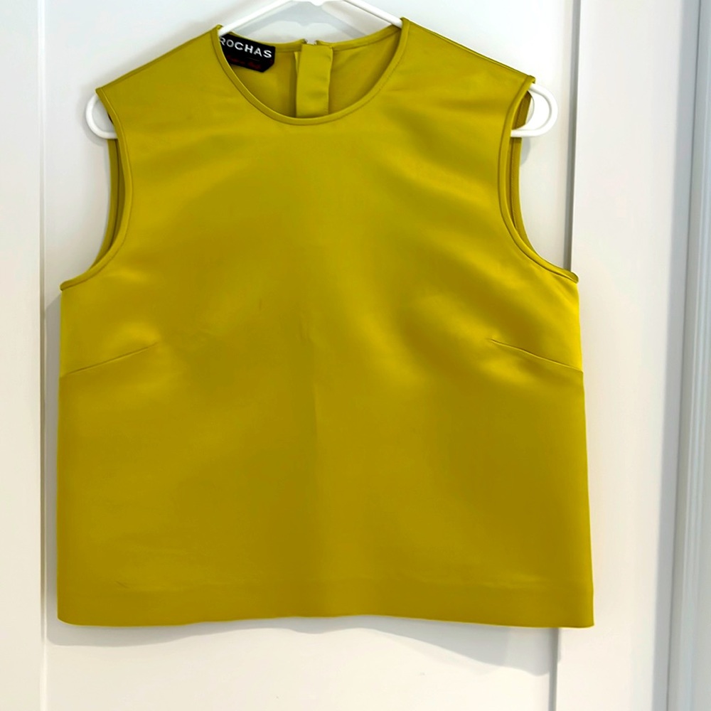 Luxurious Rochas chartreuse cropped silk sleeveless blouse.